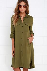 Lulu*s Chic Repertoire Olive Green Shirt Dress