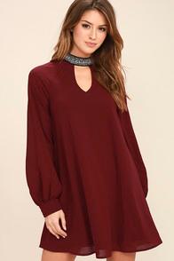 Love Riche So Into You Wine Red Beaded Long Sleeve Shift Dress