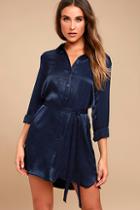 Lulus Business As Usual Navy Blue Long Sleeve Shirt Dress