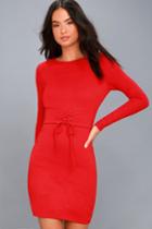 Lulus | Hearts Aflame Red Lace-up Long Sleeve Bodycon Dress | Size Large | 100% Polyester