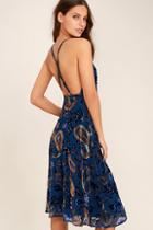 Lulus Unforgettable Encounter Navy Blue Velvet Print Midi Dress
