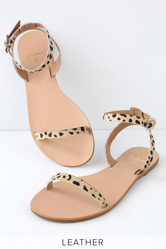 Colette Leopard Calf Hair Flat Ankle Strap Sandal Heels | Lulus