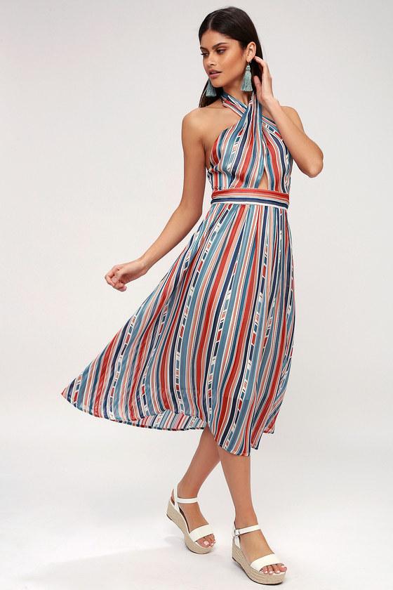 Astr The Label Gemma Teal Blue Multi Striped Halter Midi Dress | Lulus