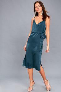 Evidnt Fall In Love Teal Blue Satin Midi Wrap Dress