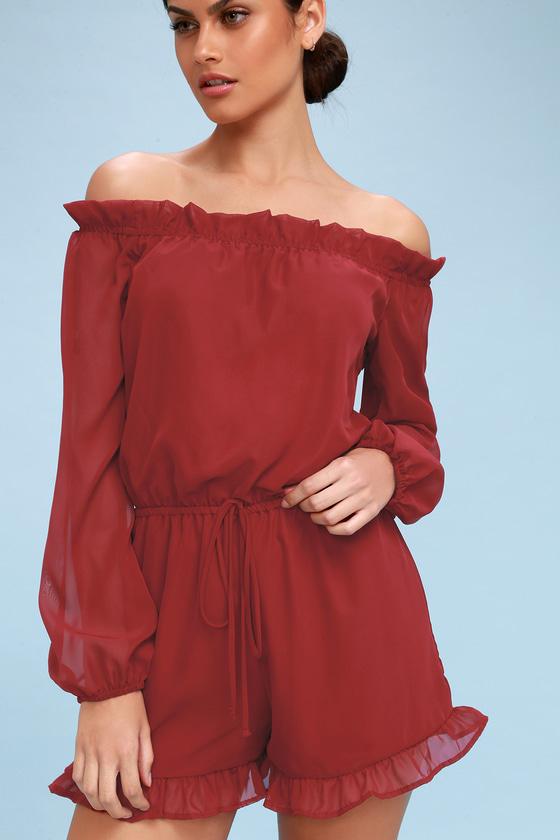How's It Growing? Wine Red Off-the-shoulder Romper | Lulus