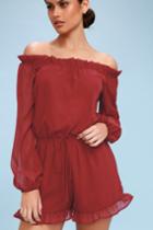 How's It Growing? Wine Red Off-the-shoulder Romper | Lulus