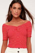 Leena Red Striped Off-the-shoulder Crop Top | Lulus