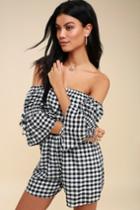 Olive + Oak Bradley Black And White Gingham Off-the-shoulder Romper | Lulus