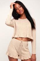 Mellow Vibes Beige Ribbed Knit Ruffle Crop Top | Lulus