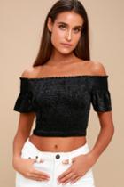 Farrah Black Smocked Velvet Off-the-shoulder Crop Top | Lulus