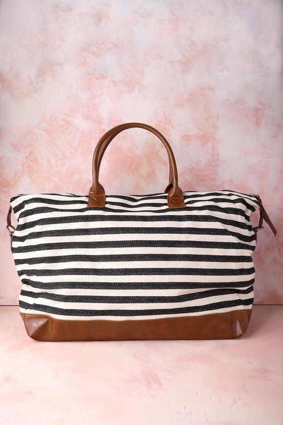 Lulus - Exclusive Jet Setter Cream And Black Striped Weekender - Vegan Friendly