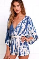Lulus | Seaside Gale Blue Tie-dye Romper | Size Small | 100% Rayon