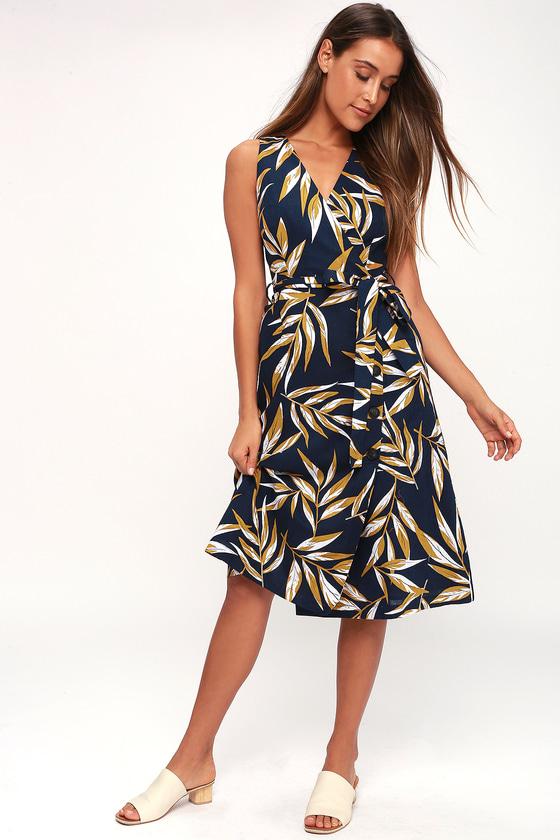 J.o.a. Baya Navy Blue Leaf Print Button-up Wrap Midi Dress | Lulus