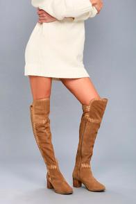Coconuts Moon Tan Suede Leather Embroidered Over The Knee Boots