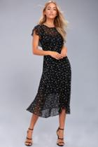 Lost + Wander | Leona Black Floral Print Midi Dress | Size Large | 100% Polyester | Lulus