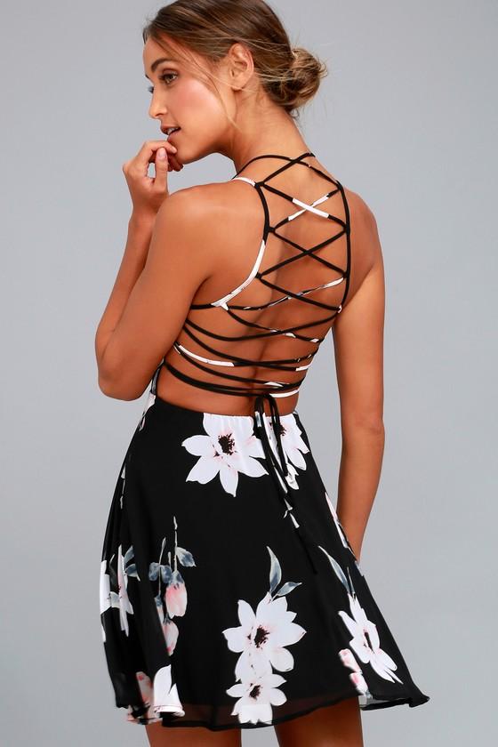 Lulus | Happy Together Black Floral Print Lace-up Dress | Size X-large | 100% Polyester