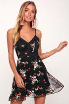 Favorite Fleur Black Mesh Floral Embroidered Skater Dress | Lulus