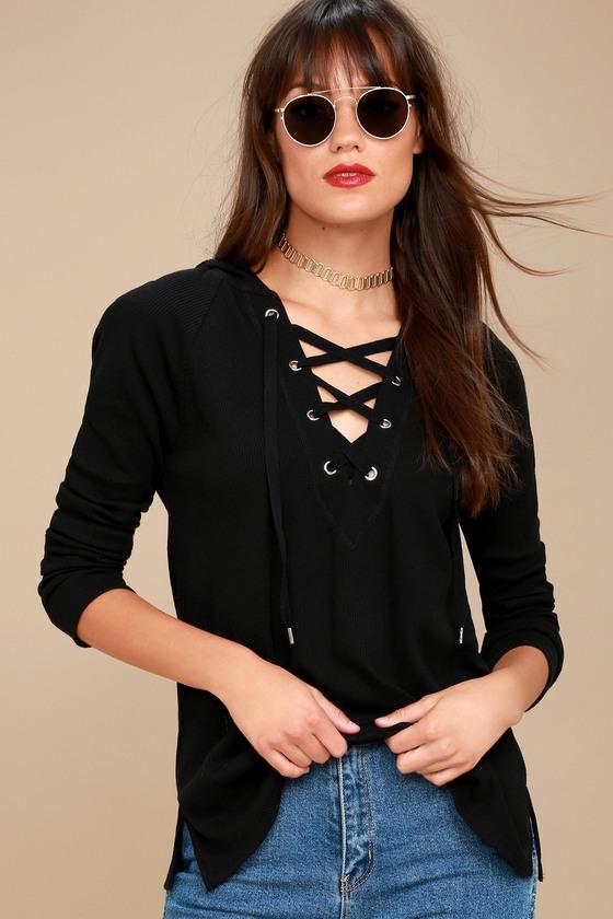 Z Supply Adventure Forever Black Lace-up Hooded Thermal Top | Lulus