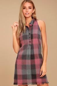 Olive & Oak Dane Grey And Pink Plaid Sleeveless Shirt Dress