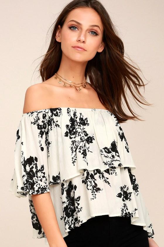 Lulus | Heron Heights Black And Cream Print Off-the-shoulder Top | Size X-small | White | 100% Rayon