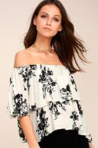 Lulus | Heron Heights Black And Cream Print Off-the-shoulder Top | Size X-small | White | 100% Rayon