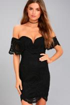 Lulus | Bellissimo Black Lace Off-the-shoulder Bodycon Dress | Size Large | 100% Polyester