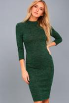 Lulus | Modern Marl Dark Green Bodycon Midi Dress | Size Large