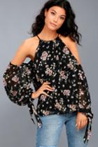 Lulus | Almost Famous Black Floral Print Cold-shoulder Top | Size Large | 100% Polyester