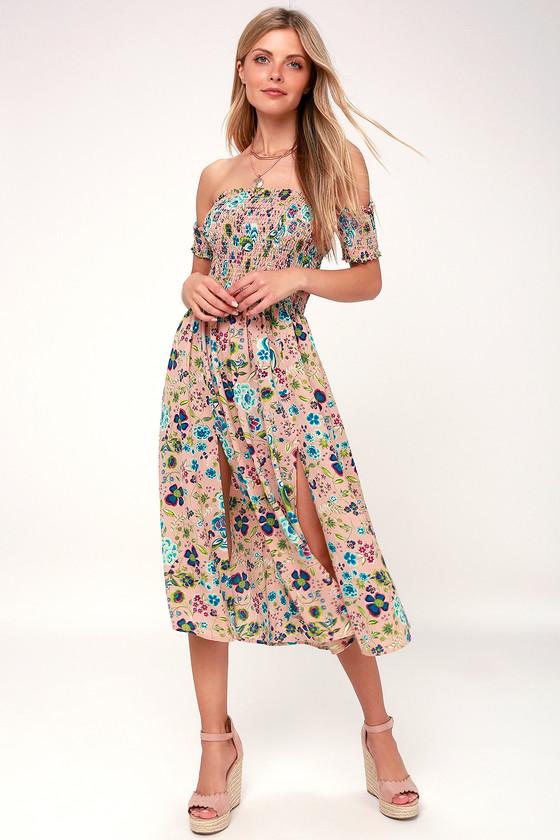 View From The Meadow Blush Floral Print Off-the-shoulder Dress | Lulus
