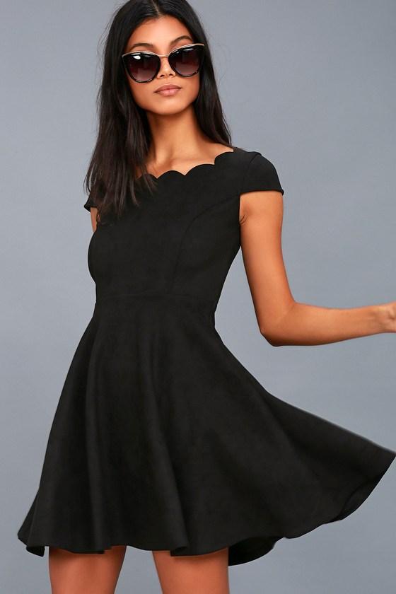 Lulus | Dearest Dreams Black Suede Skater Dress | Size Large | Vegan Friendly