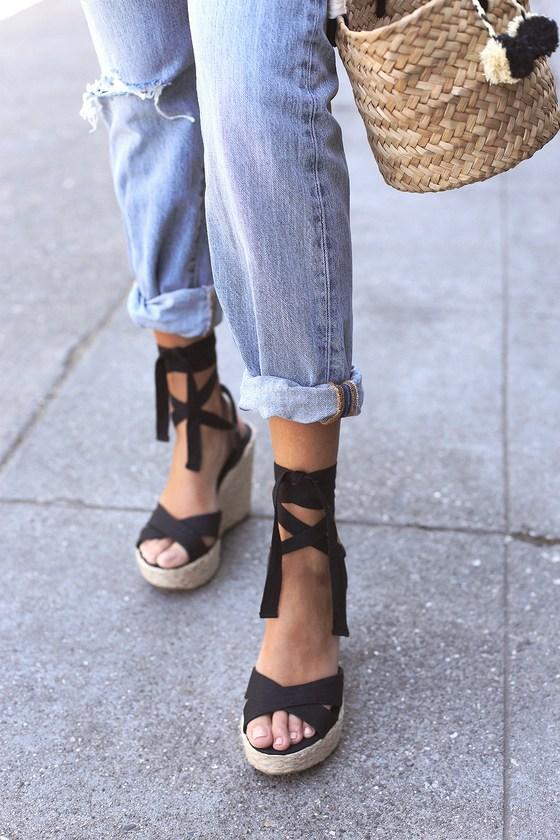 Esme Black Lace-up Espadrille Wedges | Lulus