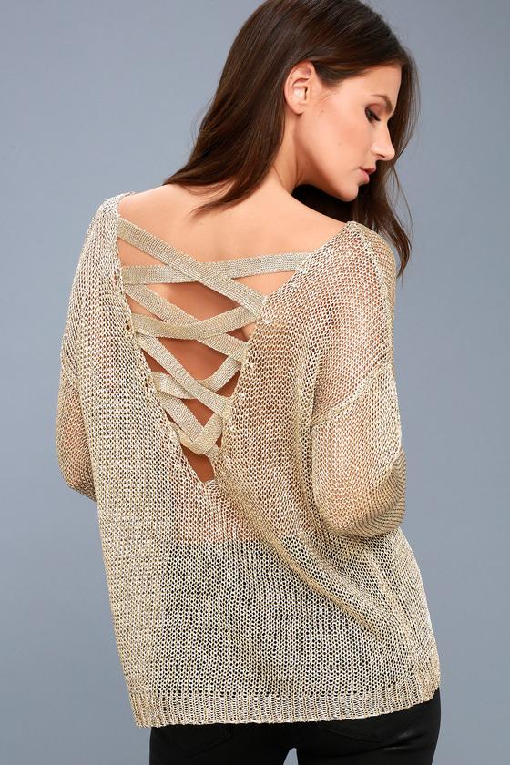 Lulus | Halcyon Gold Metallic Knit Backless Sweater
