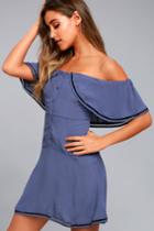 New Friends Colony | Bonita Denim Blue Off-the-shoulder Dress | Size Large | 100% Rayon | Lulus