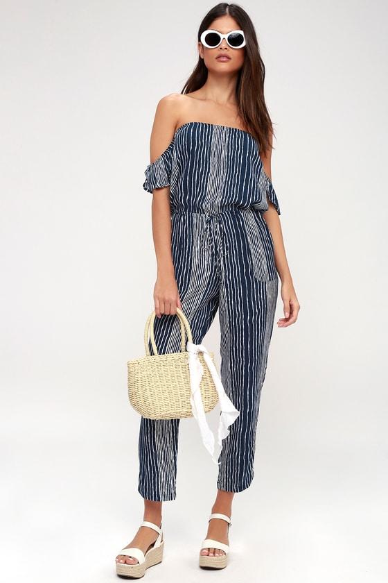 Lucy Love Dream On Navy Blue And White Striped Off-the-shoulder Jumpsuit | Lulus