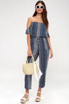 Lucy Love Dream On Navy Blue And White Striped Off-the-shoulder Jumpsuit | Lulus
