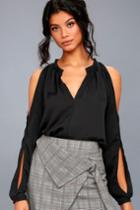 Lulus | Sassy Splendor Black Satin Cold Shoulder Top | Size Large | 100% Polyester