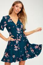 Dalton Teal Blue Floral Print Ruffled Wrap Dress | Lulus