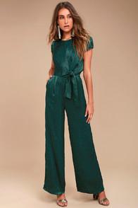 Lulus Let Me Entertain You Forest Green Satin Wide-leg Jumpsuit