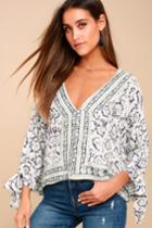My Kind Of Paradise White And Blue Print Tie-sleeve Top | Lulus