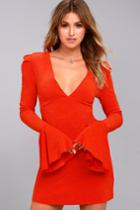 Free People | Talk About It Coral Red Long Sleeve Mini Dress | Size X-small | 100% Rayon | Lulus
