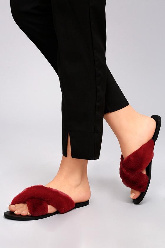 Soda | Romona Wine Faux Fur Slide Sandal Heels | Size 5.5 | Red | Lulus