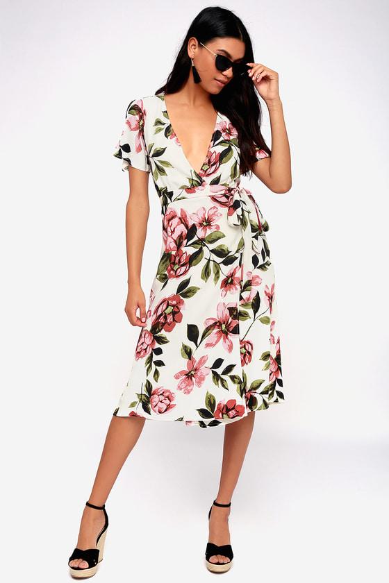 Maretta Cream Floral Print Wrap Midi Dress | Lulus