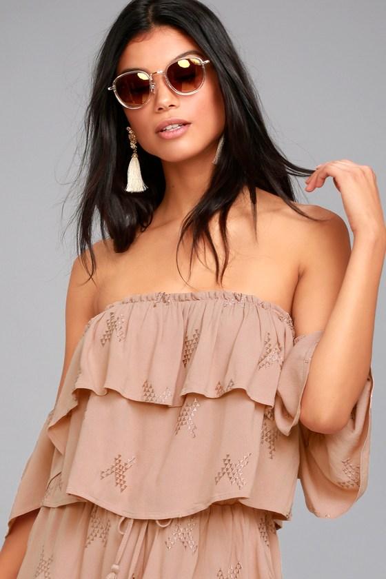 Lulus | Sandy Shores Mauve Embroidered Off-the-shoulder Crop Top | Size Large | Pink | 100% Rayon