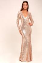 Lulus | Capture The Moon Rose Gold Long Sleeve Sequin Maxi Dress | Size Medium | 100% Polyester