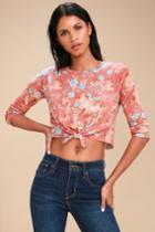 Au Courant Rusty Rose Floral Print Tie-front Top | Lulus