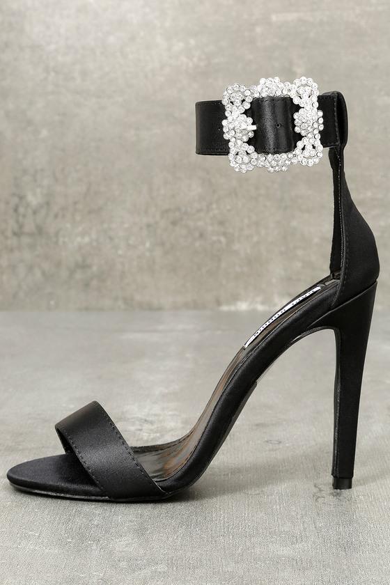 Cape Robbin | Brooks Black Satin Rhinestone Ankle Strap Heels | Size 5.5 | Lulus
