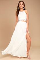 Lulus | Midnight Memories White Lace Two-piece Maxi Dress | Size Large | 100% Polyester