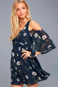 Bb Dakota Rylie Navy Blue Floral Print Cold-shoulder Dress