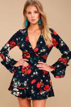 Lush Dear To My Heart Navy Blue Floral Print Long Sleeve Romper