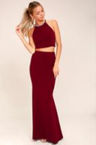 Lulus | Shining Example Wine Red Rhinestone Two-piece Maxi Dress | Size Large | 100% Polyester
